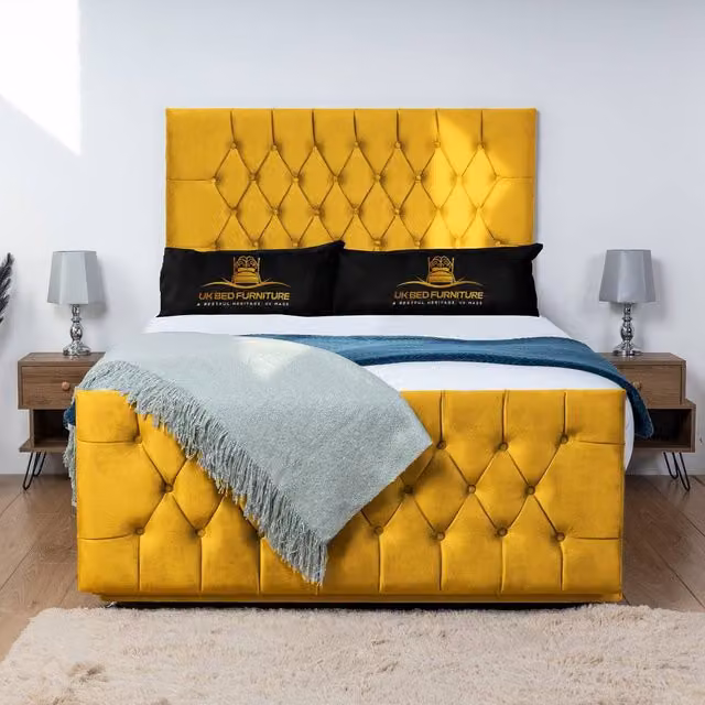 UK Bed Furniture Jublie Divan Bed Base with 26 Inch Headboard in Yellow Velvet, Single, W/D/H: 90 x 200 cm