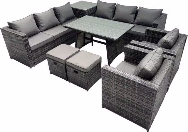 Fimous 10-Seater Outdoor Rattan Furniture Set in Dark Grey with Glass Tabletop