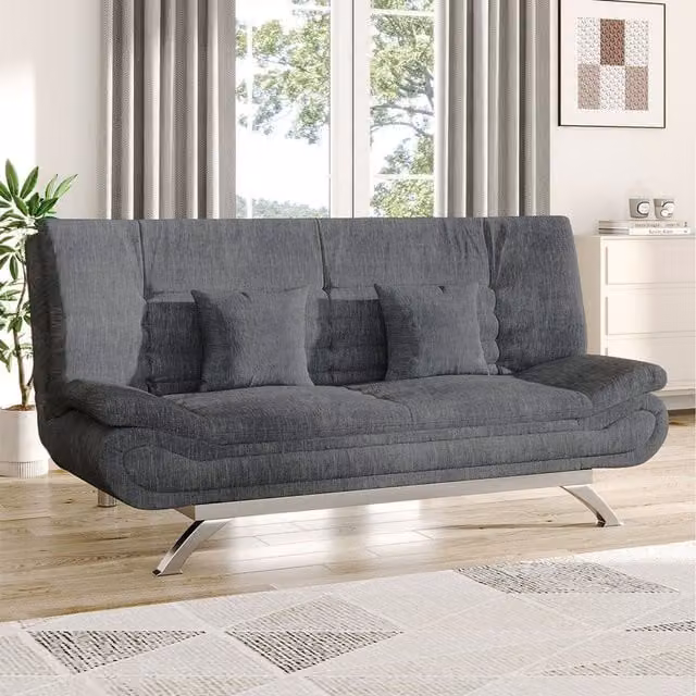 Komore Grey Linen Click-Clack Sofa Bed with Spring Core and Scatter Cushions