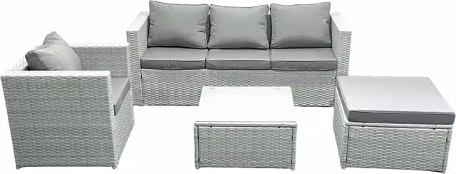 Fimous 5 Seater Rattan Garden Furniture Set in Light Grey with 3 Seater Sofa, Coffee Table and Ottoman