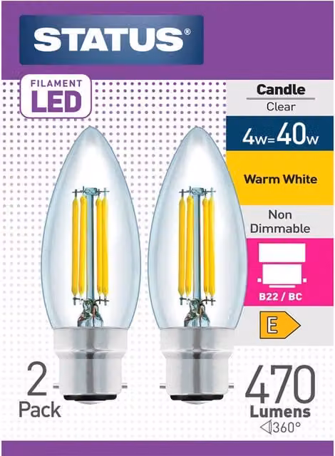Status Pack of 2 Warm White Vintage Filament LED Candle Lightbulbs, B22 Bayonet Cap, Transparent Glass