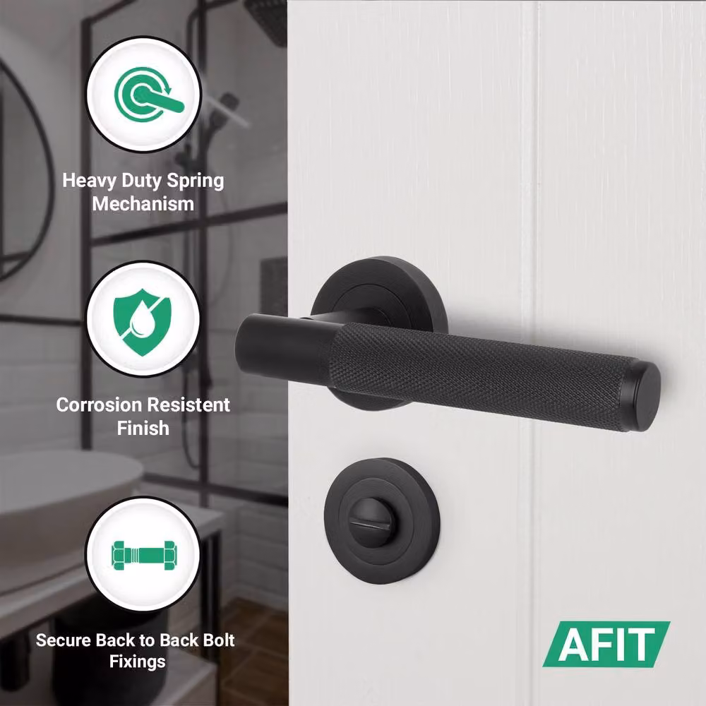 AFIT Matt Black Bathroom Door Handle Rose with WC Lock and Hinges, W/D/H: 15 x 15 x 2 cm – 3