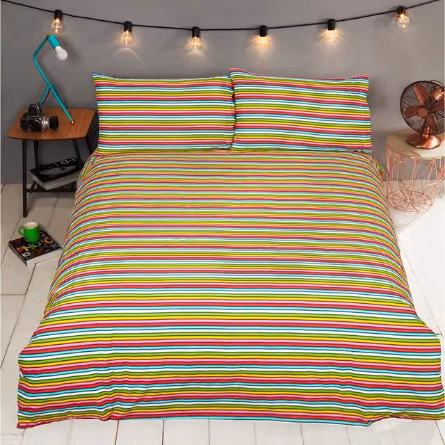 Rapport Home Be Happy Reversible Striped Polycotton Duvet Cover and Pillowcase Set, Multicolour and Black, W: 200 cm, H: 220 cm, Pillowcase: 140 x 200 cm