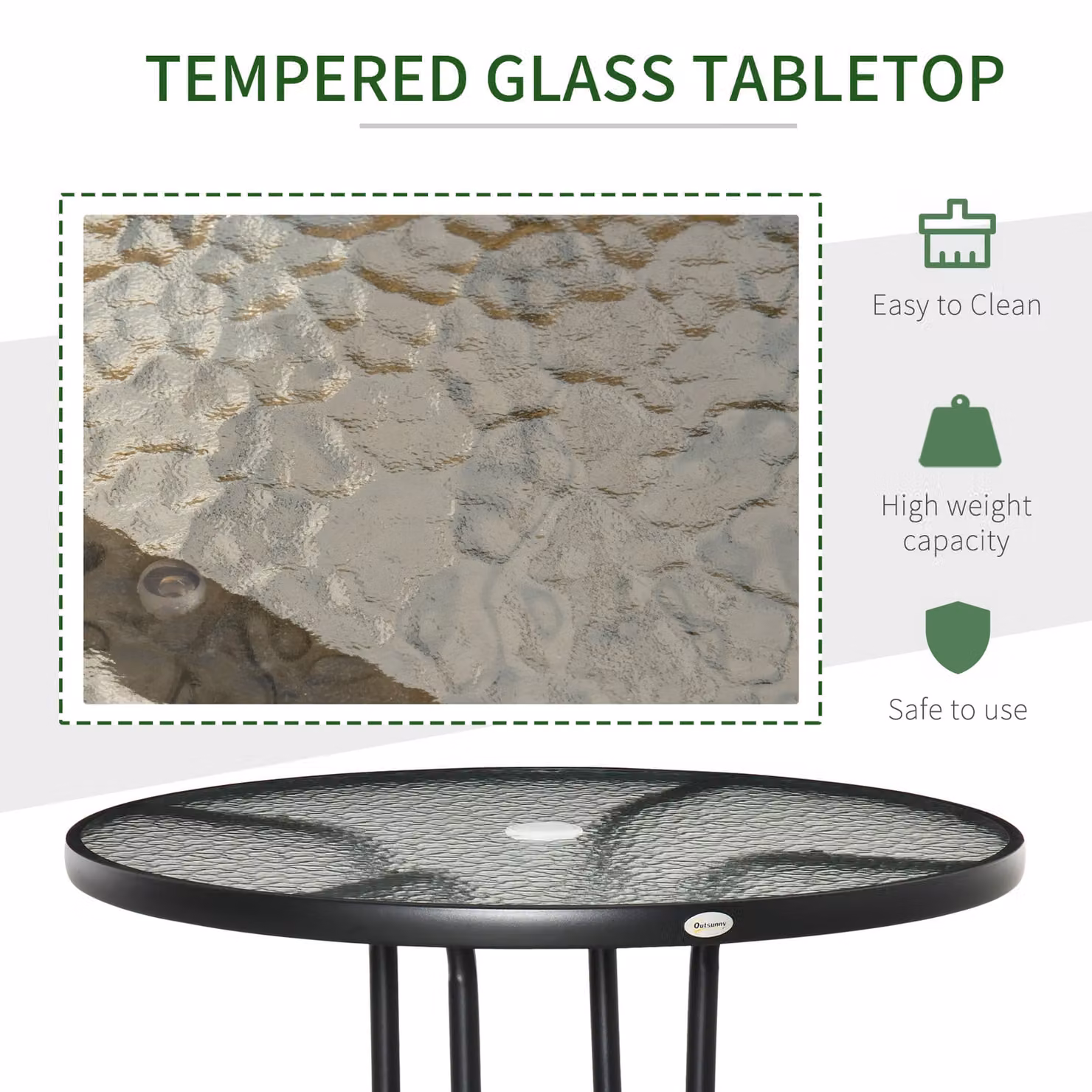 Outsunny Round Garden Dining Table with Tempered Glass Top and Parasol Hole, Black – 5