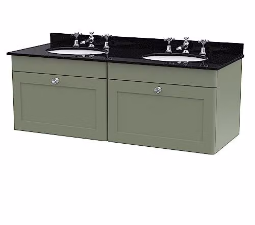 nuie Classique Traditional Wall Hung Bathroom Vanity Unit with 2 Drawers, 3 Tap Hole Marble Top and Round Basin, Satin Green and Black, W: 120 cm, D: 47 cm, H: 50.9 cm – 1
