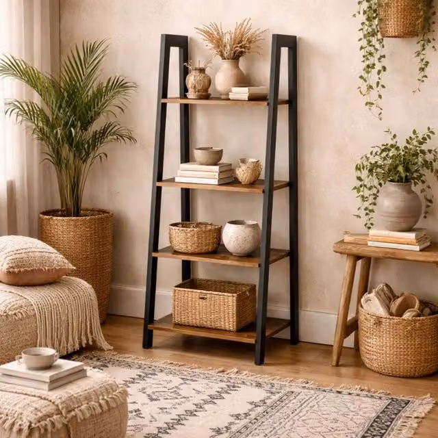Wyld Haus Maynooth Industrial 4 Shelf Ladder Unit, Natural Wood Effect and Black Metal, H 137.5 x W 56.2 x D 34.5 cm – 1