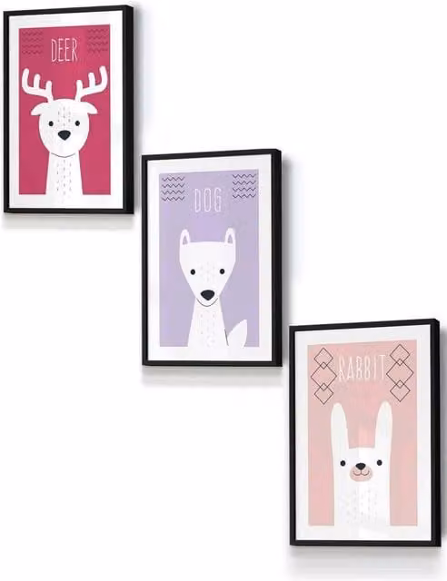 ARTZE Scandi Nursery Forest Animals Framed Wall Art in Pink, Lilac and Black, W: 33 cm, H: 45 cm, D: 20 mm
