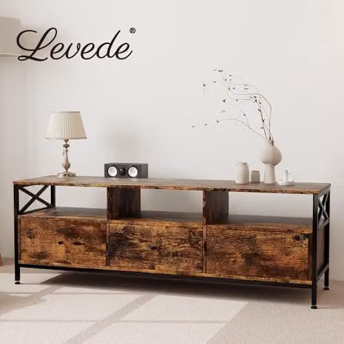 Levede Industrial 65 Inch TV Stand with 3 Drawers and 3 Open Shelves in Rustic Brown and Black – 6