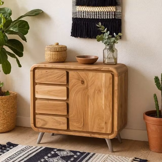 Wyld Haus Los Angeles Industrial Reclaimed Wood and Metal Sideboard in Brown with 4 Drawers and 1 Door, W/D/H: 90 x 40 x 85 cm