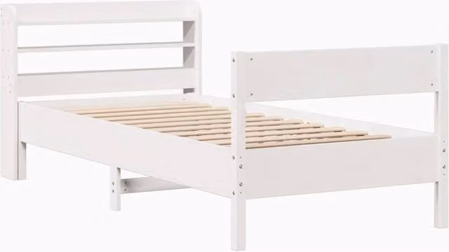 Berkfield Home White Solid Wood Small Single Bed Frame with Bedside Shelf, W/D/H: 190 x 75 x 85 cm