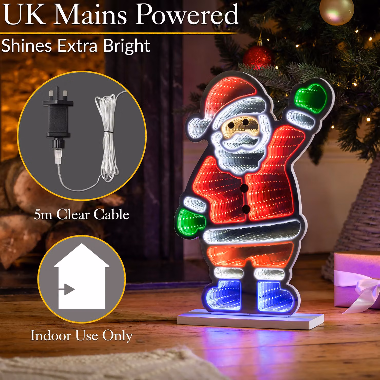 Christow Santa LED Christmas Infinity Light with Wooden Base, Multicolour, Height: 40 cm – 5