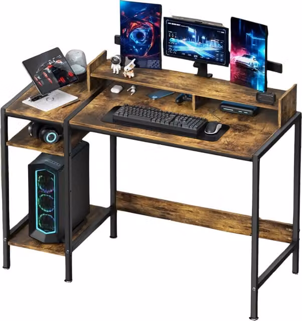 Furnold Industrial Computer Desk with Monitor Stand and Shelves in Walnut and Black