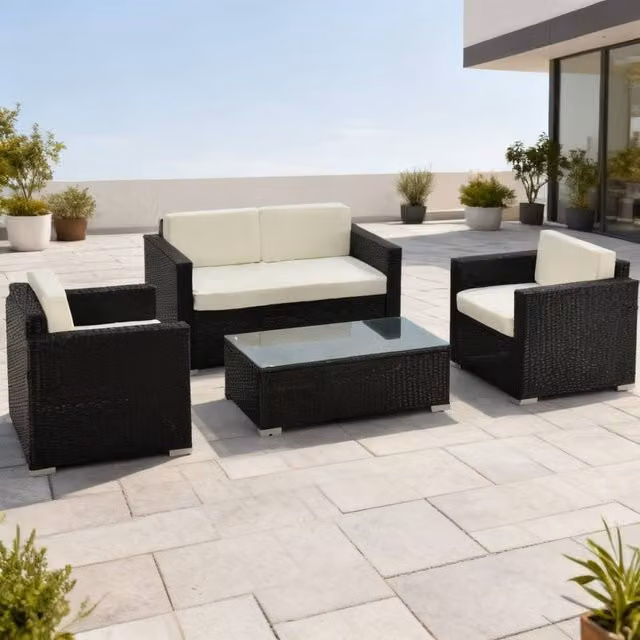 ERGOVEXA 4-Seater Rattan Garden Furniture Set in Black with Upholstered Cushions and Powder Coated Steel Frame