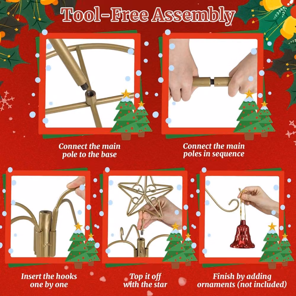 Gymax Gold Metal Christmas Stocking Holder Stand with Star Decoration and 16 Hanging Hooks, Height: 121 cm – 9