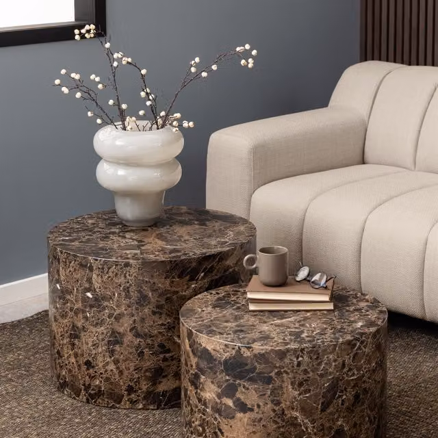Furniture To Go Dice Round Coffee Table Set of 2 in Brown Marble and Delhi Rough Paper, Brown