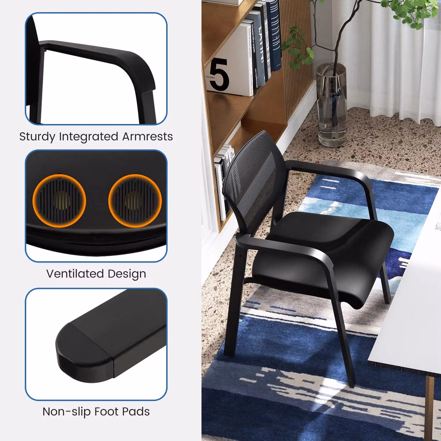 Gymax Set of 4 Stackable Black Mesh Office Chairs with Armrests – 6