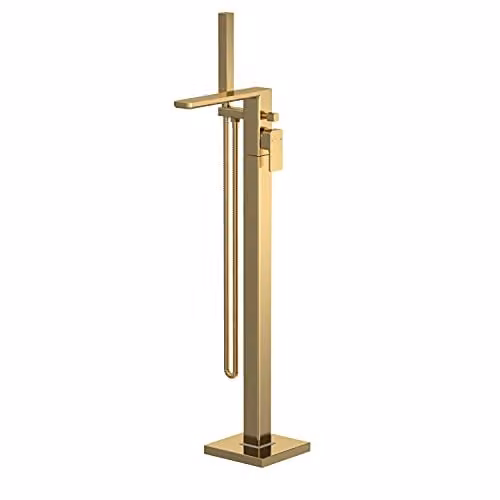 nuie WIN821 Windon Modern Bathroom Square Floor Standing Bath Mixer Tap with Single Lever Handle and Shower Kit, Brushed Brass