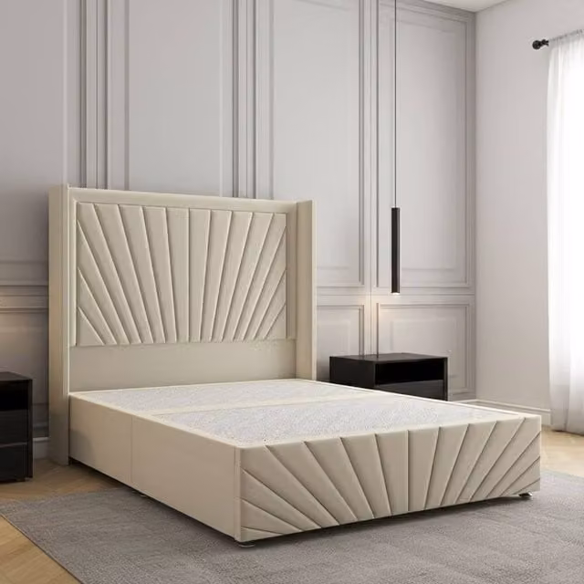 Regional Furnishings Upholstered Velvet Divan Bed with 54 inch Headboard and Footboard in Beige, Size: King (W/D/H: 180 x 200 cm)