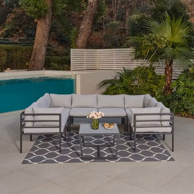 GRS Catalon Grey Modular Aluminium U-Shape Garden Sofa Set with Coffee Table and Cushions