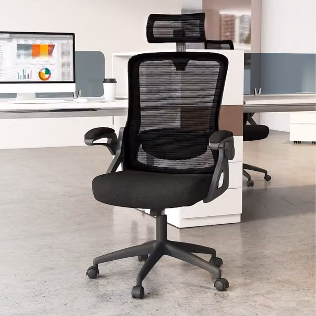 COSTWAY Modern Executive Fabric Office Chair with Headrest and Armrests, Black