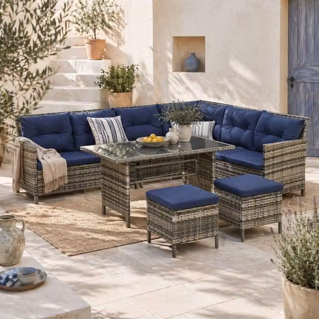 Wyld Haus Rarapa 7 Seater Rattan Garden Sofa Set with Glass Table in Dark Blue
