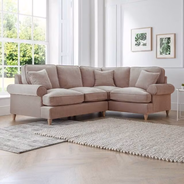 The Great Sofa Company Ezra Right Hand Velvet Corner Sofa in Beige with Scroll Arms