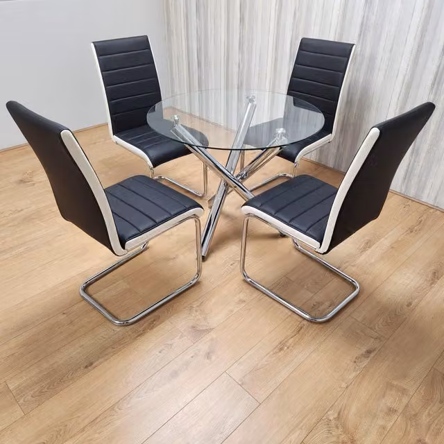 Kosy Koala Round Chrome Metal and Clear Glass Dining Table with 4 Black and White Faux Leather Dining Chairs Set, Diameter: 90 cm, Height: 75 cm