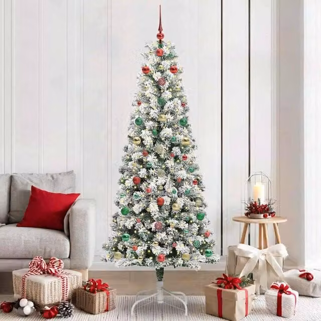 Berkfield Home Artificial Hinged Christmas Tree in Green and White, Height: 210 cm