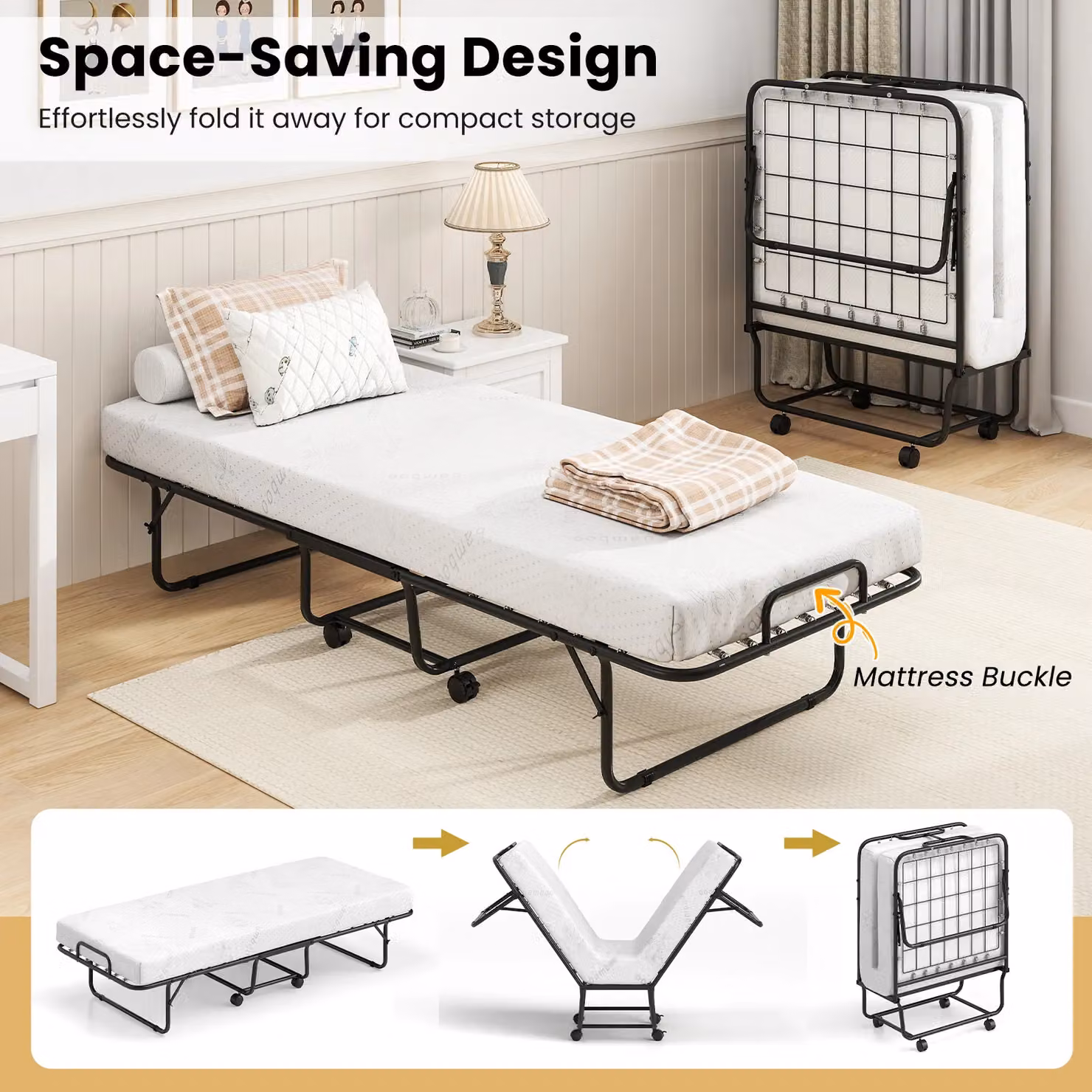 Gymax Rollaway Guest Bed with Memory Foam Mattress and Metal Frame, White, 80 x 190 cm – 6