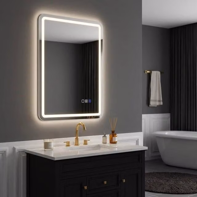 STILVORA Bluetooth Bathroom Mirror with LED and Clock Display in Silver, W/D/H: 70 x 50 cm – 1