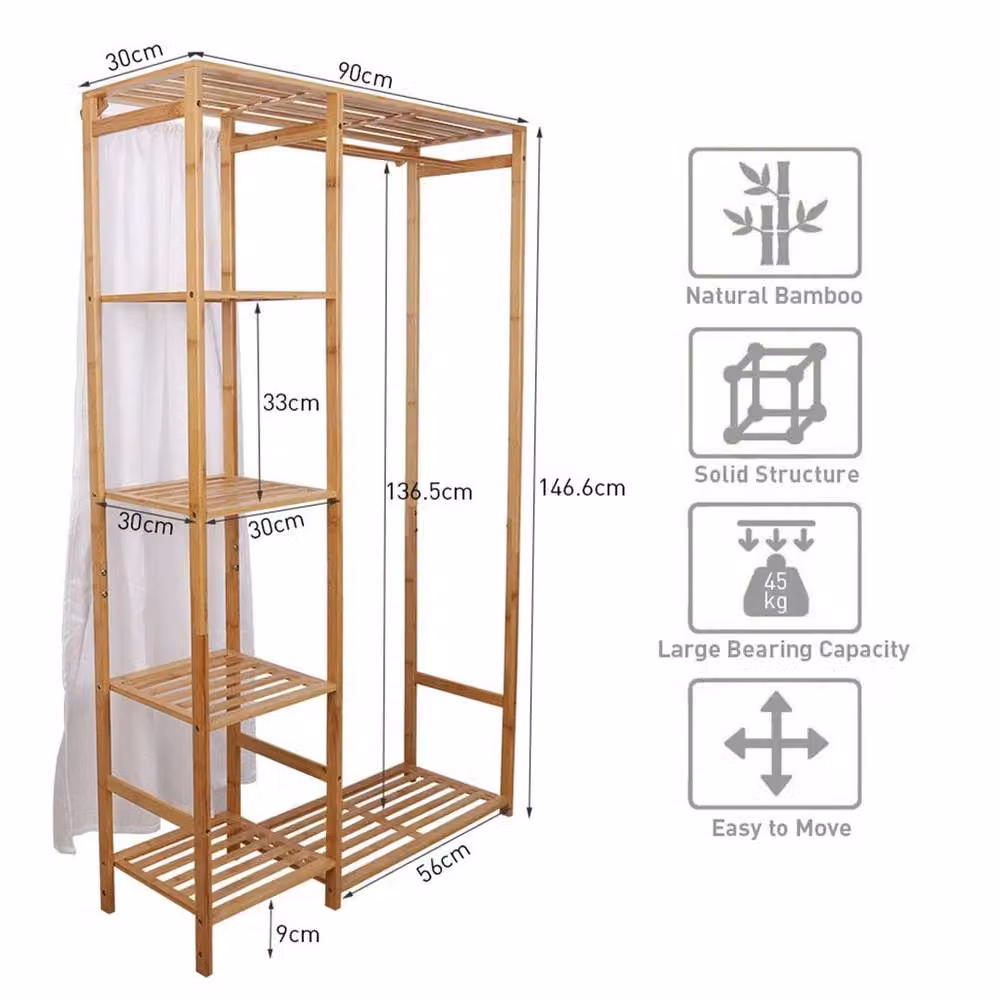 Kelvenix Wooden Clothes Garment Hanging Stand and Shoe Rack in Brown, W/D/H: 146.6 x 45.0 x 30.0 cm – 2