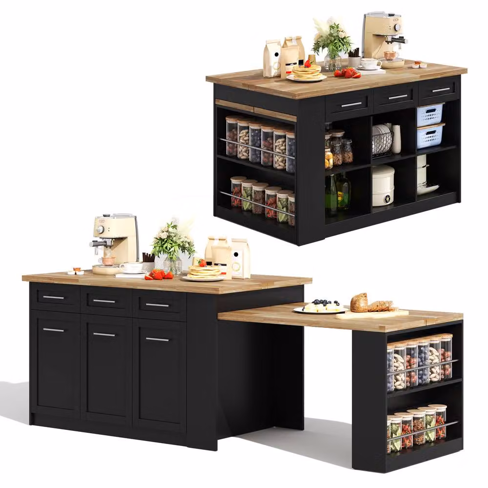 Merax Kitchen Island with Extendable Dining Table and Wood Effect Top in Black, W/D/H: 150 x 90 x 90 cm – 2