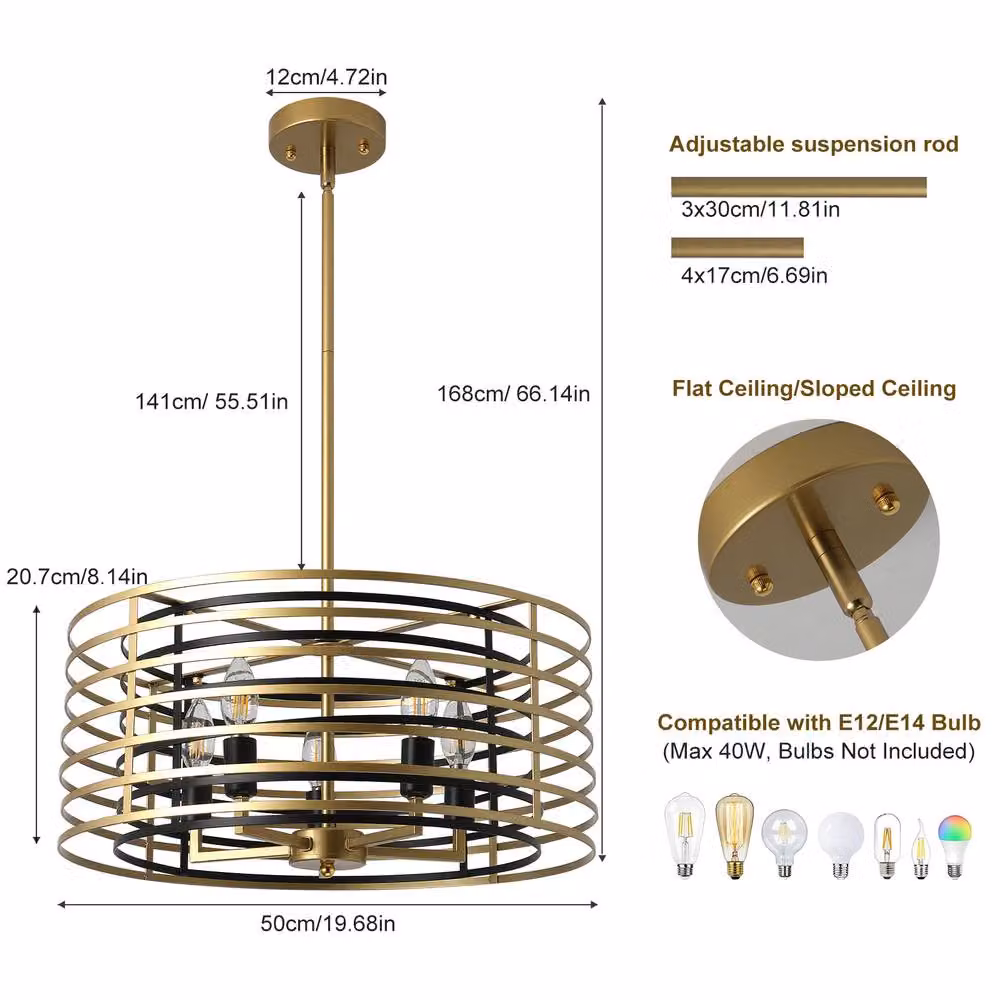 NIVOR 4 Light Adjustable Farmhouse Pendant Chandelier in Gold with Transparent Glass, E14 – 2