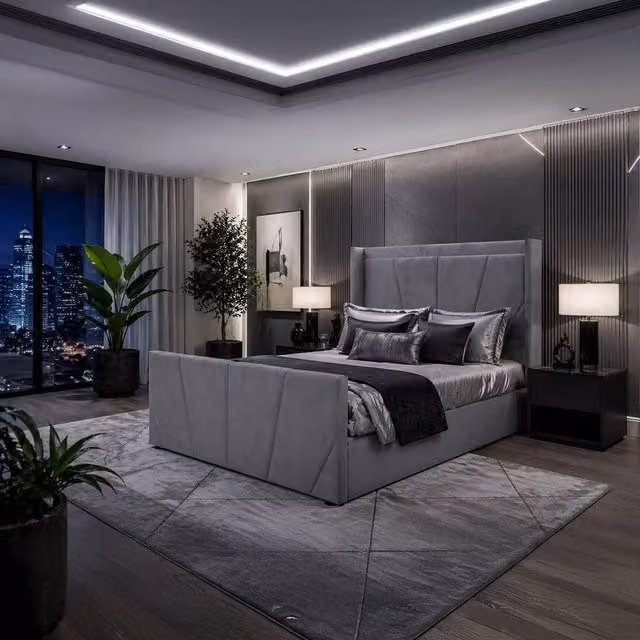 Harmin LUXURY Sunshine Winged Ottoman Bed in Grey Plush Velvet, EU Double, W/D/H: 140 x 200 x 126.5 cm
