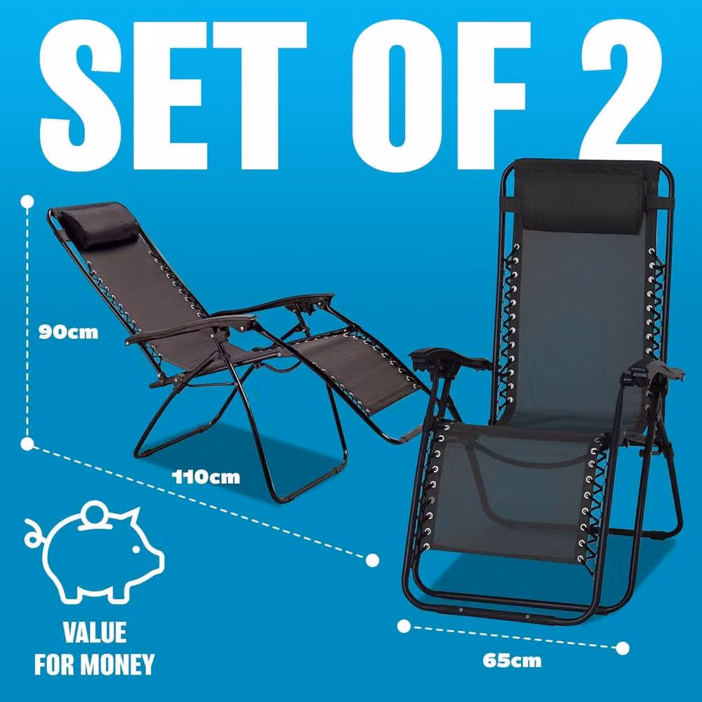Bargains-Galore Set of 2 Black Zero Gravity Reclining Sun Loungers with Textilene Fabric and Powder Coated Steel Frame – 3