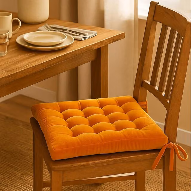 Homescapes Quilted Velvet Chair Pad, Orange, W/D/H: 40 x 40 x 5 cm