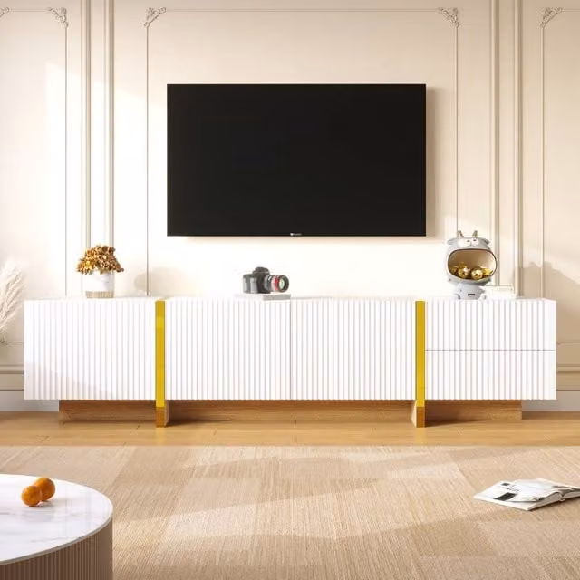 Rolipo Modern White Glossy TV Cabinet with 3 Doors, 2 Drawers and Gold Accents, W: 190 cm, H: 45 cm, D: 35 cm – 1