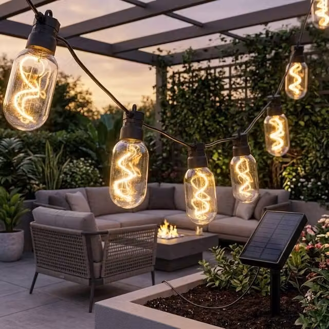 Garden Greatness Vintage Solar LED String Lights with Warm White Filament Glass Bulbs and Dusk Sensor in Multicolour