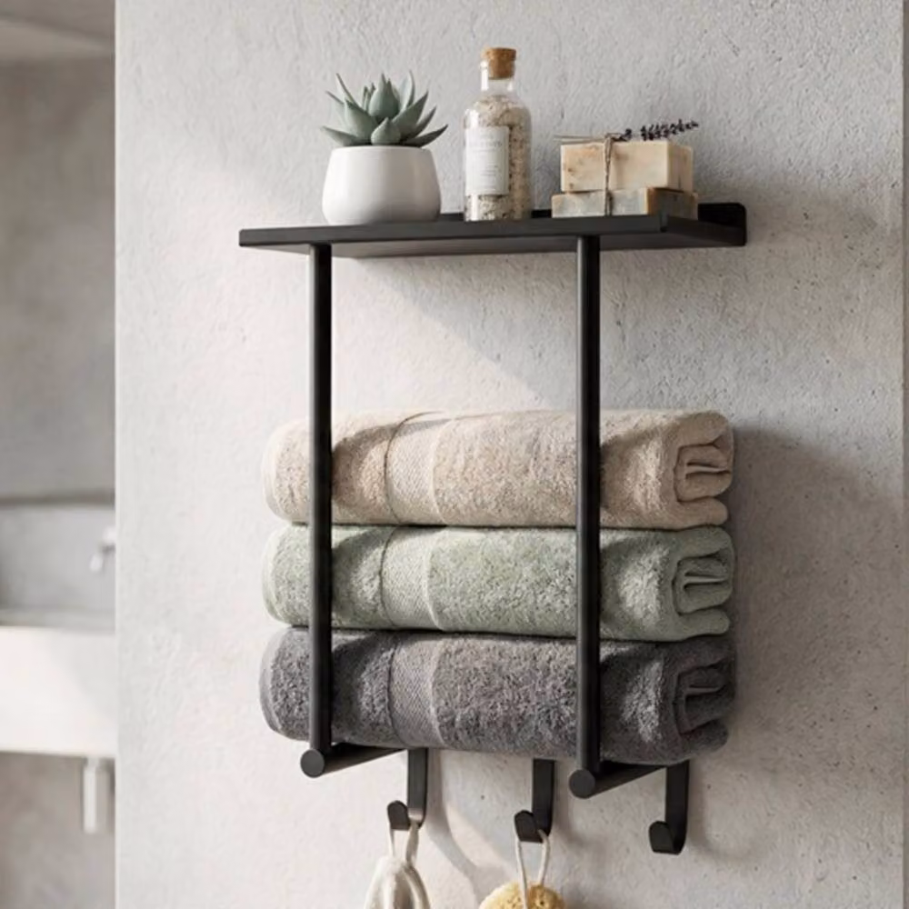 Levede Wall Mounted Black Metal Towel Rack and Bathroom Storage Shelf with Hooks – 2