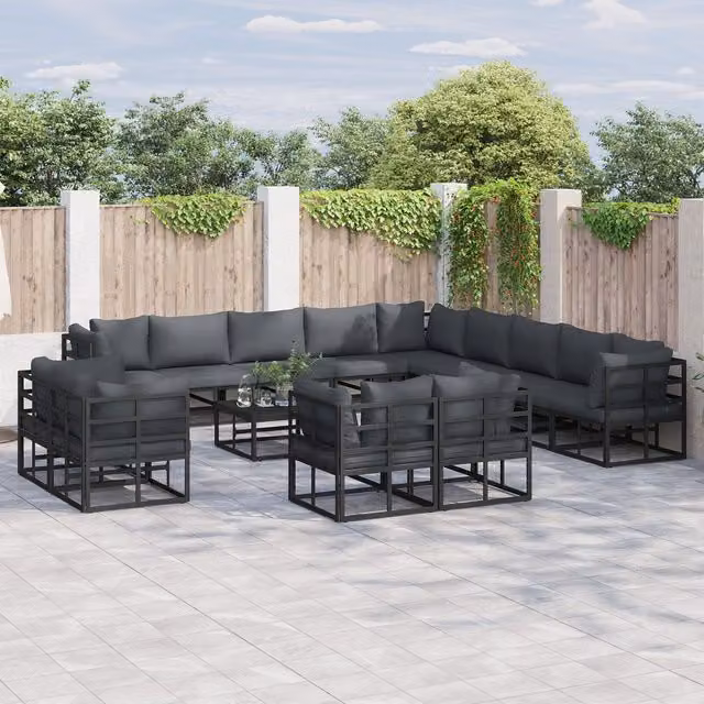 Berkfield Home 13 Piece U-Shape Garden Sofa Set in Black with Powder Coated Aluminium Frame, W/D/H: 353 x 353 x 71 cm
