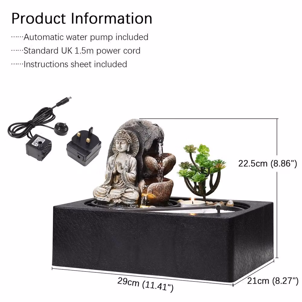 Living and Home Buddha Zen Tabletop Water Fountain with LED Light in Sand – 8