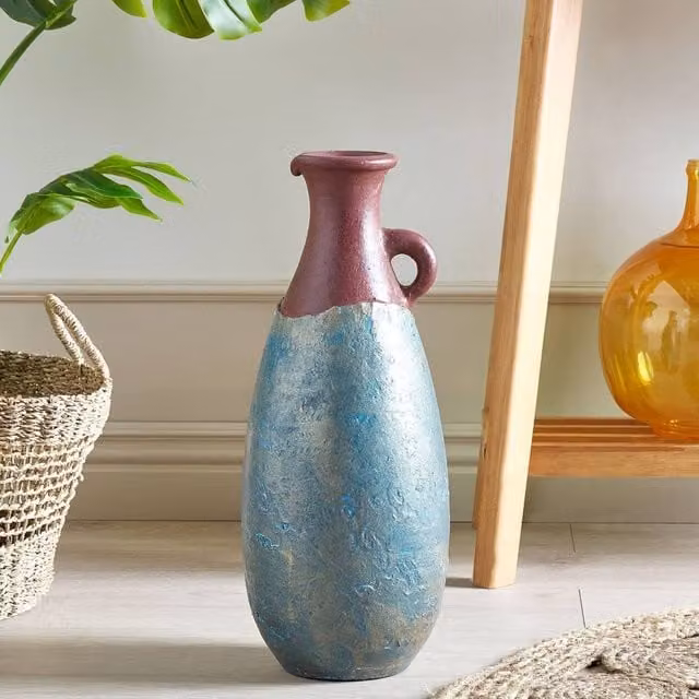 Wyld and Coco Handmade Ceramic Terracotta Vase in Blue and Brown, Height: 50 cm – 1