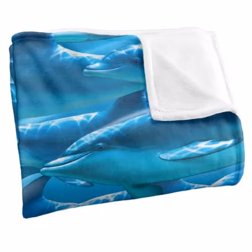 JQ Licensing Royce Mcclure Dolphin Race Pattern Super Soft Silky Touch Throw Blanket in White and Blue, W/D/H: 152 x 127 cm – 2