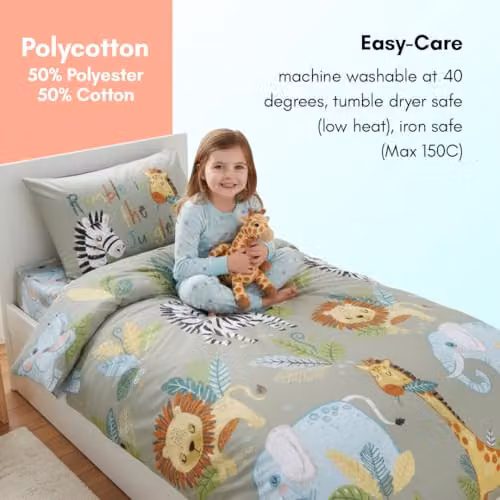 Rapport Home Reversible Toddler Duvet Cover and Pillowcase Set, Rumble in the Jungle Green Animal Print, W/D/H: 120 x 150 cm and 40 x 60 cm – 2