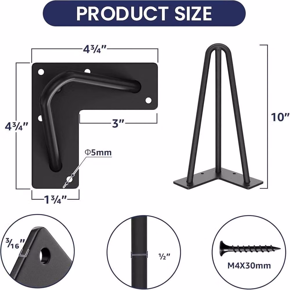 VOGREX Set of 4 Matt Black Steel Hairpin Legs for Furniture, 10 inch – 2