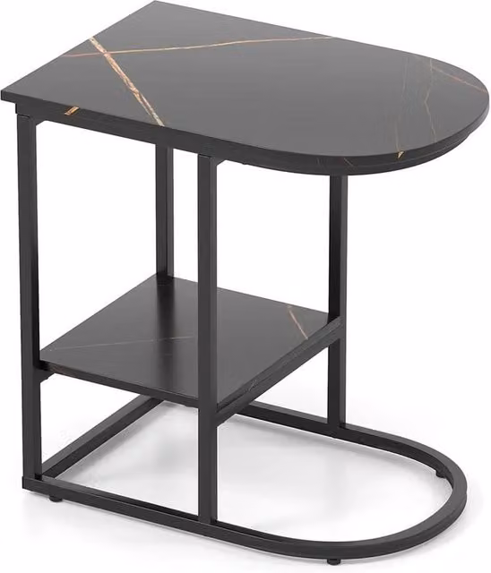 Kelvenix Modern C-Shaped Sofa Side Table in Black with Marble Top