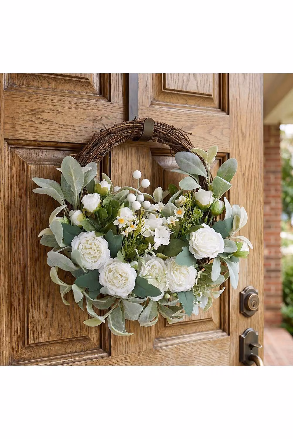 Living and Home Round Rattan Artificial Peony Flower Wreath in Green and White – 2