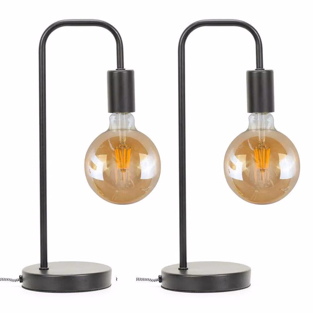 ValueLights Set of 2 Bronx Black Industrial Metal Table Lamps with Transparent Glass Shades – 2