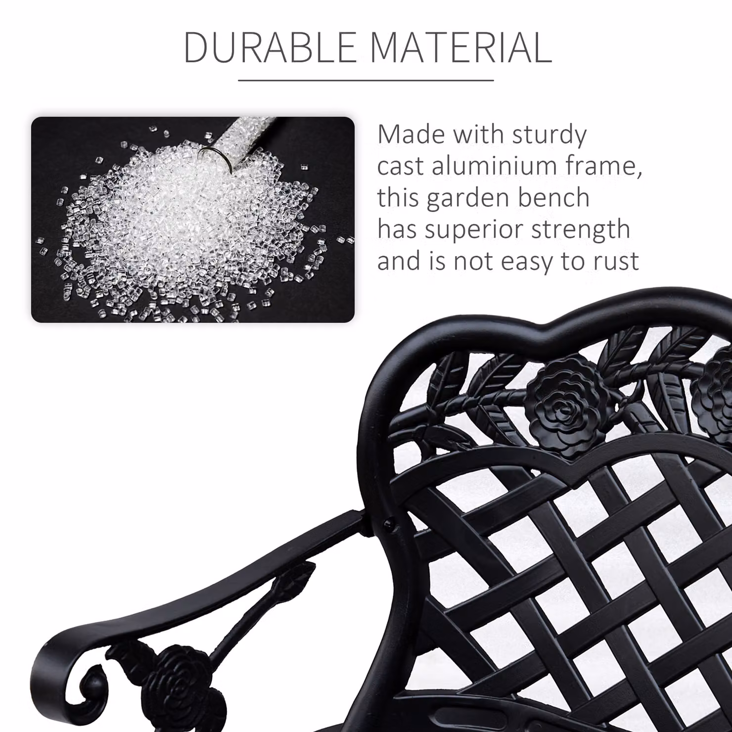 Outsunny Antique Style 2 Seater Cast Aluminium Garden Bench with High Back and Armrests, Black – 7