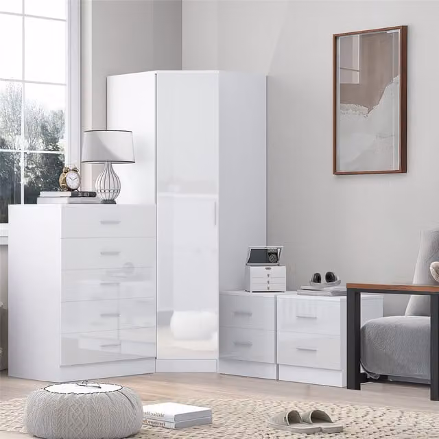 Reflect Modern Bedroom Furniture Set in White Gloss and Matt White Finish featuring Corner Wardrobe, Chest of Drawers and 2x Bedside Tables – 1